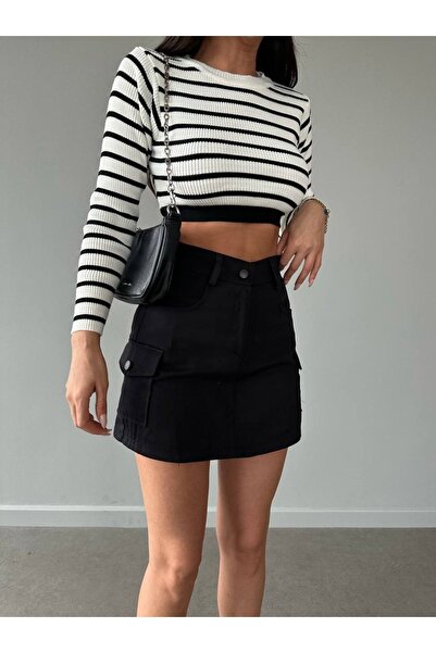 LB Laluna Butik Kadın Siyah Kargo Cepli Mini Şortlu Etek
