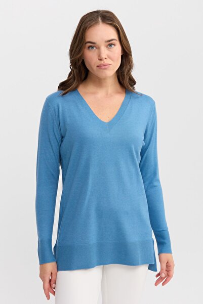 Desen Triko Pulover de damă, cu decolteu în V, cu tăietură în față și în spate, albastru
