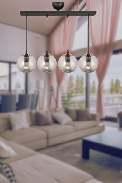 KARDELEN AYDINLATMA AVİZE Kardelen Sıralı Siyah 4'lü Füme Glop Camlı Sarkıt L...