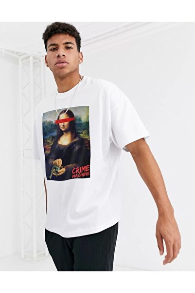 Ghedto تيشيرت موناليزا كريم كبير الحجم للجنسين باللون الأبيض