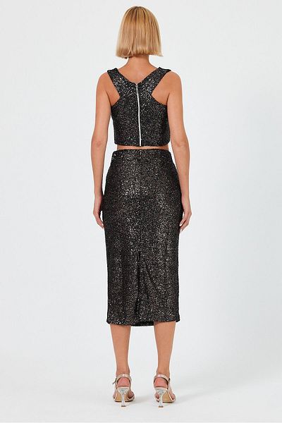 soBasic Copper Color Crop Blouse and Skirt Two-Piece Set - Back Zip, Split Detail