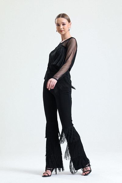 Sense Belted Tassel Detailed Scuba Crepe Trousers| Pnt34791 Black