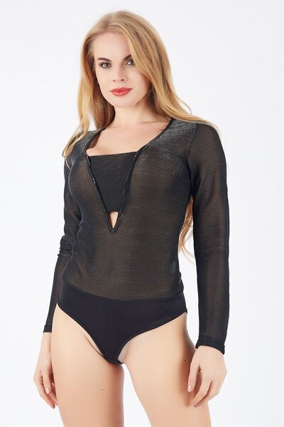 Sense V-Neck Front and Bottom Clasp U.Sleeve Blouse| Blz33060 Black Silver