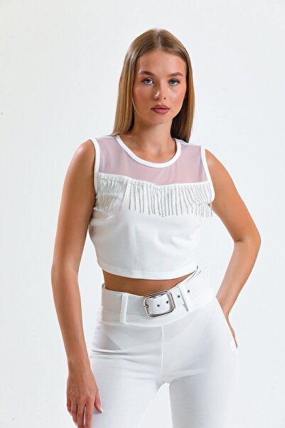 Sense Βραδινό φόρεμα με πέτρα μπλούζα | Blz34565 Λευκό