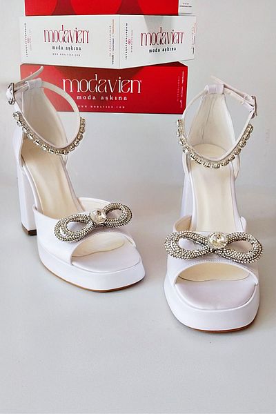 Modavien Pantofi de mireasa de dama alb 10 cm din satin