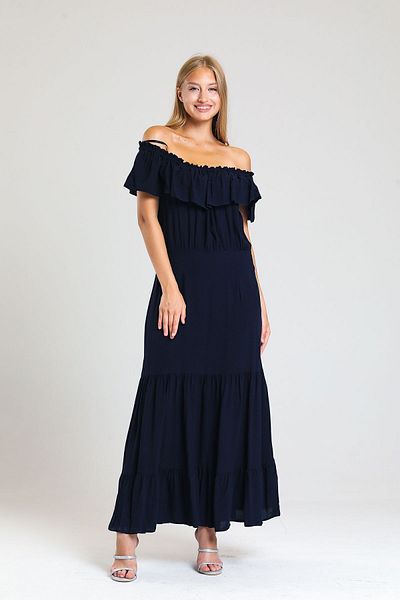 Sense Μακρύ φόρεμα Navy Blue Viscose - Degaje γιακά και ελαστικό γιακά (Elb34315)