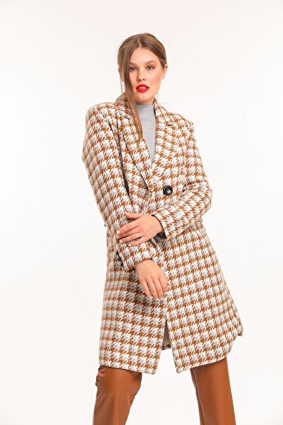 Sense Lined Patterned Long Coat| Kbn33166 Gray Brown Houndstooth