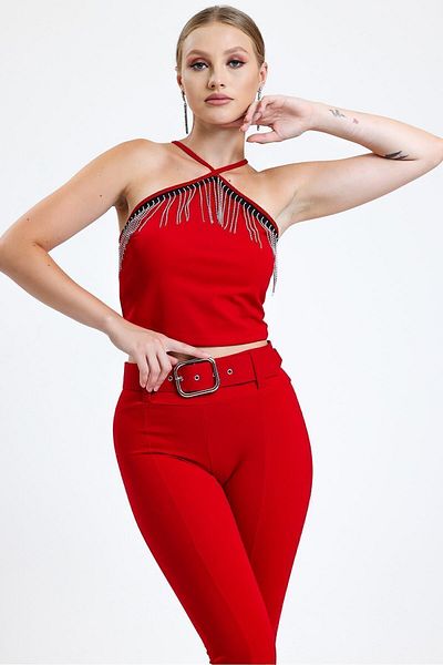 Sense Scuba Crepe Blouse with Chest Stones and Chain Stripe| Blz34824 Red