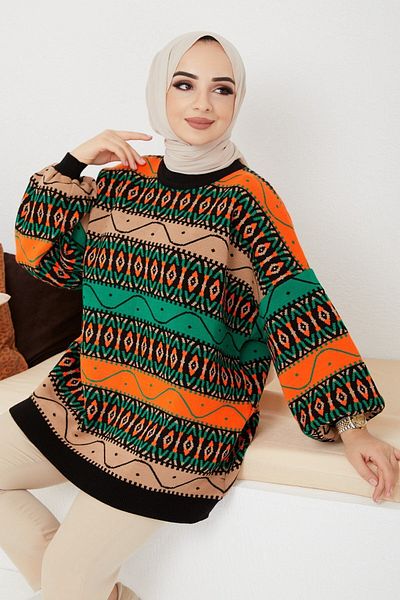 Egelite Casual Patterned Hijab Knitwear Tunic - Stylish Balloon Sleeve Winter Style
