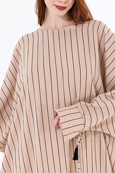 Sense Κιμονό βισκόζης μπεζ ριγέ - με μανσέτες και φούντες με κορδόνι KMN35613