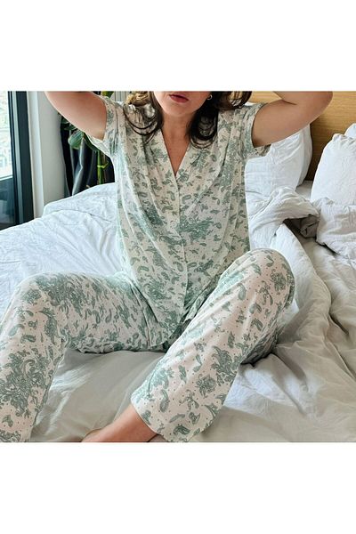 Moda Clubu Ecru Green Floral Patterned Short Sleeve Cotton Pajama Set