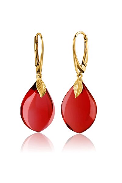Amber by Mazukna Kırmızı Köşeli Damla Kesim Kehribar Küpe, 925 Gümüş Altın Kaplama Kilit, Sertifikalı