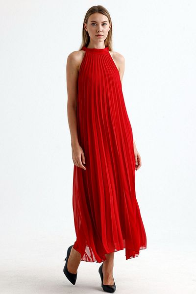 Sense Red Long Chiffon Evening Dress - Lined and Pleated Dress | Elb3512