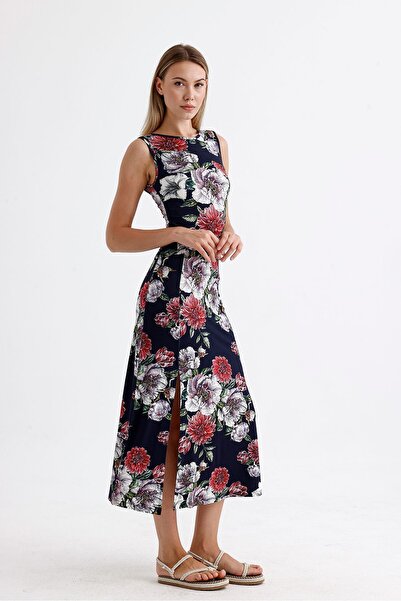 Sense Lycra Viscose Dress - Sleeveless and Slit | Elb35734 Navy Rose