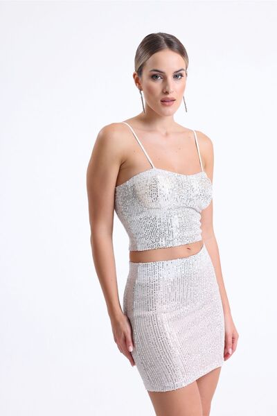 Sense Sequined Pencil Skirt Beige