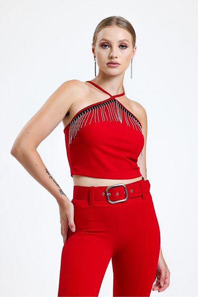 Sense Scuba Crepe Blouse with Chest Stones and Chain Stripe| Blz34824 Red
