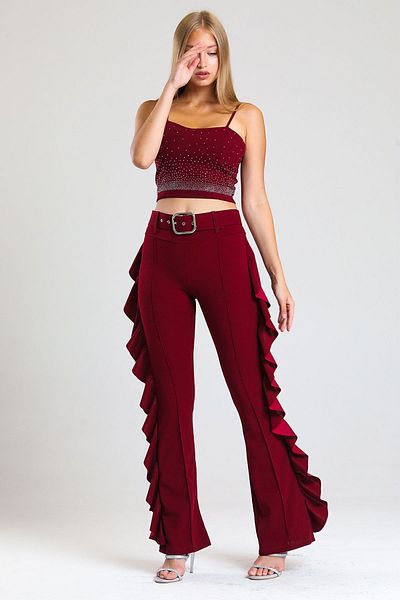 Sense Yellow Buckle Belt Side Flywheel Scuba Crepe Trousers_pnt32717 Claret Red