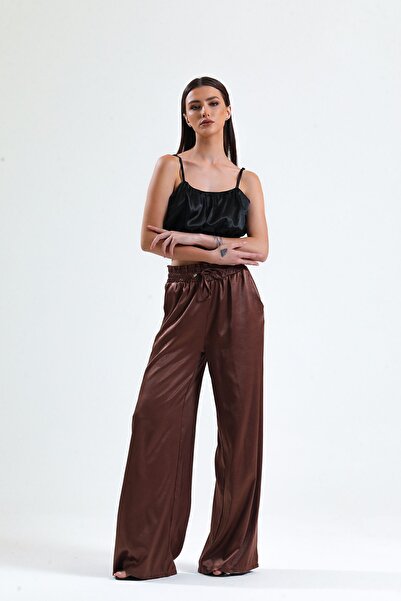 Sense Gipe Detailed Pocketed Wide Leg Satin Trousers| Pnt34217 Hazelnut