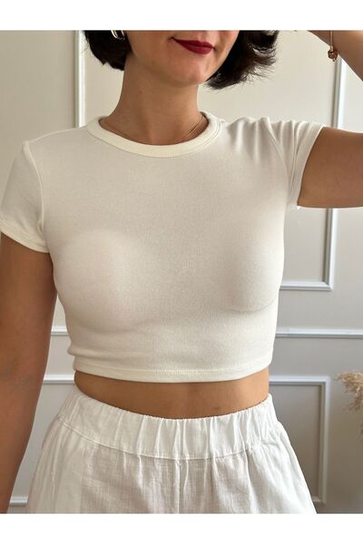 nidistore Ecru Short Sleeve Crop Blouse - Crew Neck