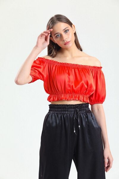 Sense Комір і поділ з гумкою, рукави з манжетами, сатинова блуза | Blz34216 Oranj