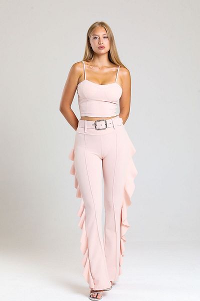 Sense Pantaloni din crepon pentru scuba cu cataramă galbenă cu volan lateral_pnt32717 Powder