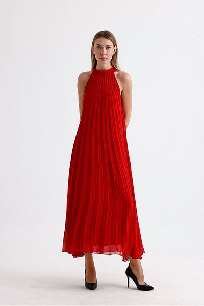 Sense Red Long Chiffon Evening Dress - Lined and Pleated Dress | Elb3512