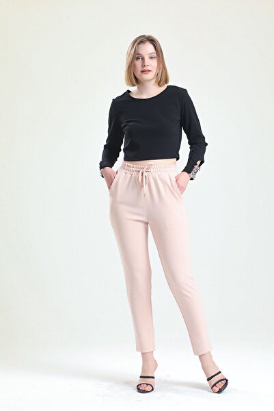 Sense Laced Scuba Crepe Trousers with Elastic Waist Pockets| Pnt33885 Powder