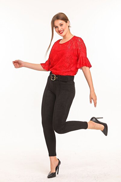 Sense Waist Fabric Covering Belted Front Stitching Iron Trace Skinny Leg Suede Trousers| Pnt32569 Black