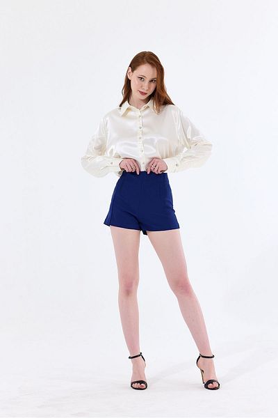 Sense Pantaloni scurți din crepon ușor albastru de noapte cu buzunare ornamentale - Şrt14056Yn