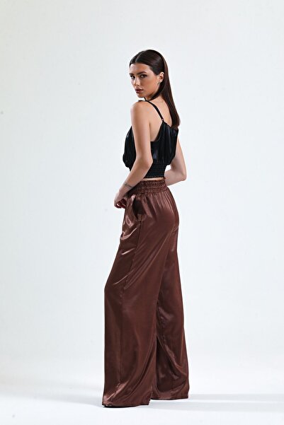 Sense Gipe Detailed Pocketed Wide Leg Satin Trousers| Pnt34217 Hazelnut