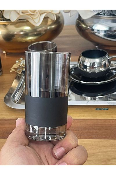 Paşabahçe Lav 6-Piece Bottom Black Top Smoked Coffee Side Water Glass, Dowry Box, Gift, Luxury