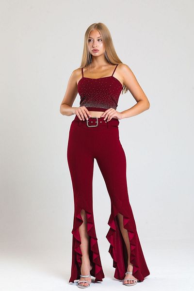 Sense Belted Side Flounce Scuba Crepe Trousers_pnt33381 Claret Red