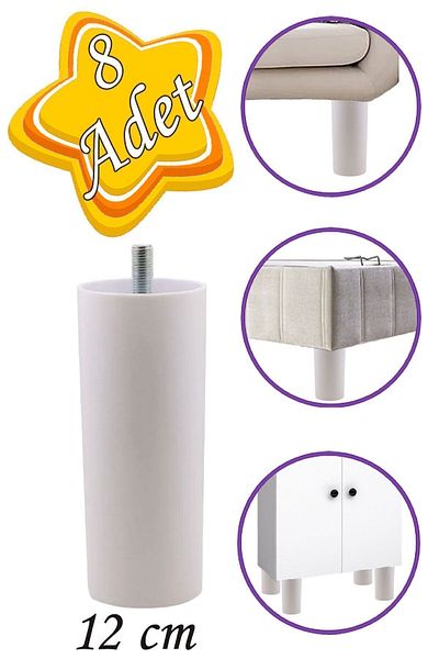 GLASWEN 8 Pieces Cylinder Support Leg 12 Cm White Hard Plastic Concealed M8 Bolted Fined Furniture Base Sofa
