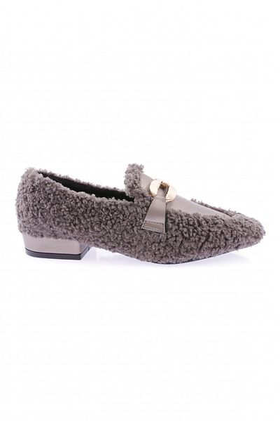 DGN Metal Buckle Plush Women's Loafer Shoes Gray Plush 6381535