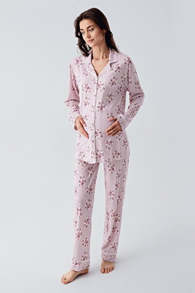 Artış Uzun Kollu Desenli Düğmeli Esnek Viskoz Pijama Takım