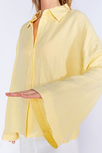 EDITION WOMAN Limon Sarı Kolları Salaş Yıkamalı Müslin Oversize Rahat Kalıp Kadın Basic Gömlek| Mks166881-01-6881