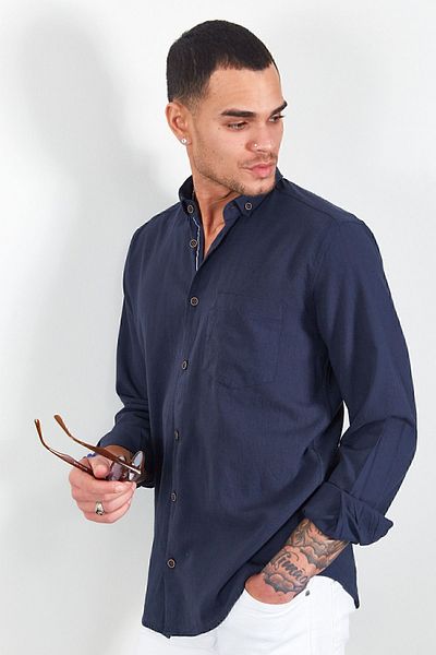 Manche Ανδρικό λινό πουκάμισο - Navy Blue Washed, Effect |   mj22s 121537 -1537