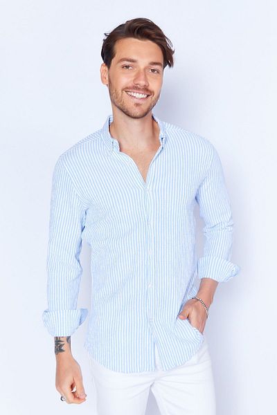 Manche Ανδρικό ριγέ πουκάμισο Seersucker - Μπλε |   Me23s 112237 -2237