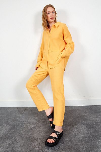 EDITION Orange Muslin Oversize Shirt - Long Washed, Segmented Comfortable Women's Plain Shirt| Edi100166905-6905