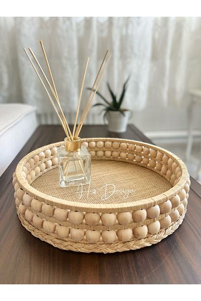 H2 Design Natural Raffia Wicker Decorative Organizer Tray with Wooden Beads