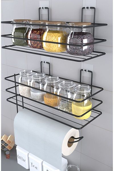 EVA METAL TASARIM 2-piece Metal Paper Towel Holder - Adhesive Black Spice Stand Kitchen Shelf