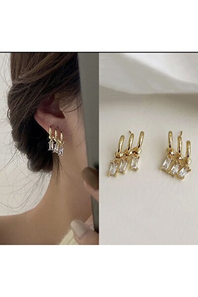 AychaAksesuar İthal Çelik tek delik çoklu görünüm sarkıt taşlı altın renk küpe