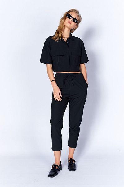 Manche Pantaloni negri din țesătură din popelin pentru damă - Mks 666583 -02