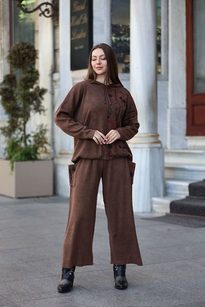 AYASOFYA OTANTIK Brown Hooded Ethnic Patterned Women's Blouse and Cotton Knitwear Pants Set - Set of 2