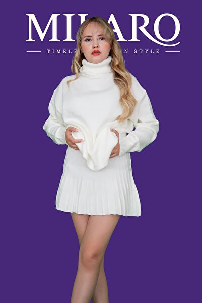 Butik Triko Kumaş Boğazlı Kazak ve Etek Takımı