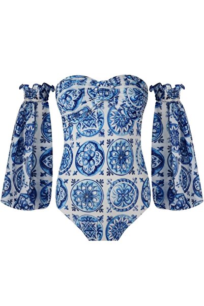 Nur Karaata Soleil One Shoulder Bleu Blanc Mayo