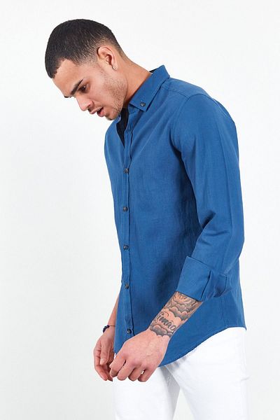 Manche Μακρυμάνικο ανδρικό πουκάμισο Indigo - Mes 111871 -01