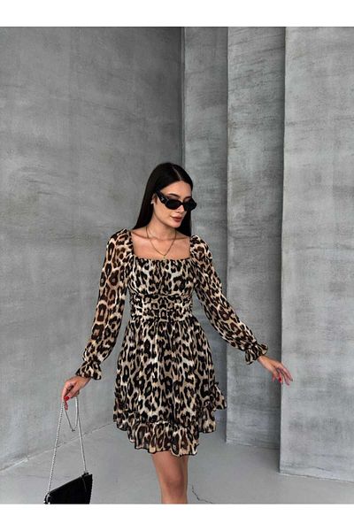 OlaLady Μίνι φόρεμα σιφόν με λεοπάρ στάμπα με φόδρα και μπούστο στη μέση