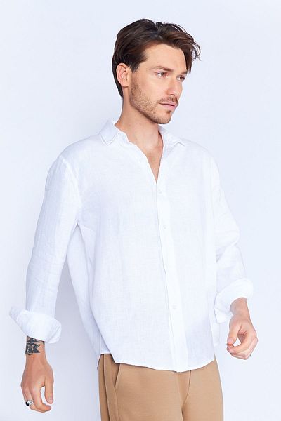 MAN EDITION Comfortable Long Sleeve White Linen Shirt - Regular Fit, 100% Pure Linen