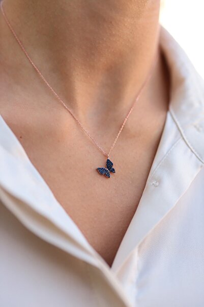 SUNSHINE 925 Ayar Rose Kaplamalı Laci Taşlı Minimal Tasarım Kelebek Gümüş Kolye